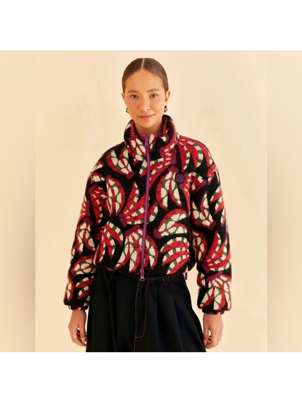 Farm Rio Black Banana Dots Tricot Reversible Puffer Jacket